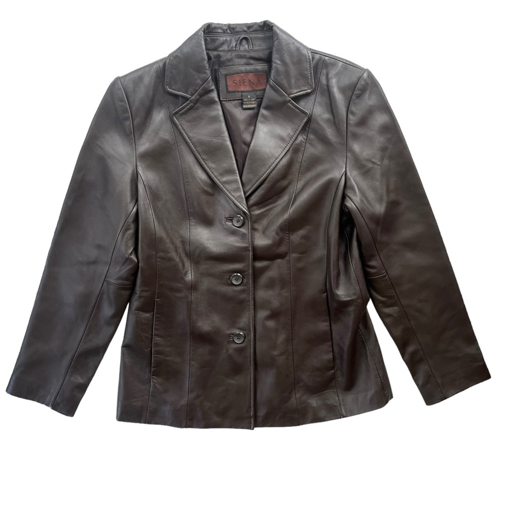 Siena Womens 8 Brown Genuine Leather Classic Button Front Collared Blazer Jacket
